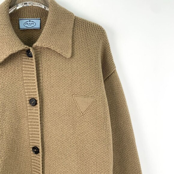 Prada Brown 100% Cashmere Knitted Single-Breasted Sweater Coat With Triangular L - Picture 7 of 8